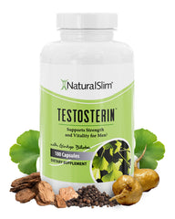 NaturalSlim testosterone booster bottle labeled for energy and muscle support.