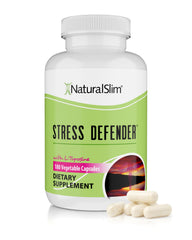 NaturalSlim Stress Defender bottle on countertop signaling daily stress support