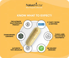 NaturaNectar brown propolis capsules reinforce the balanced multi-propolis formula.