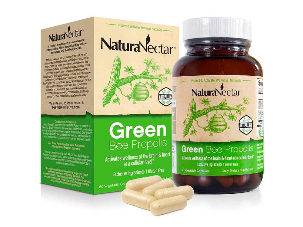 NaturaNectar Green Bee Propolis capsules bottle for convenient daily use.