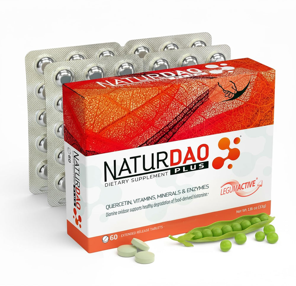 NaturDao Plus DAO enzyme bottle shown for potent dosing.