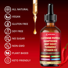 Nature Aurora Cayenne Drops label close-up shows vegan ingredients.