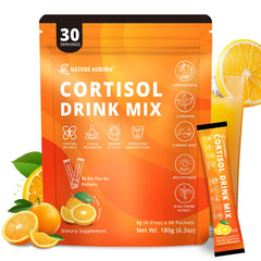 Nature Aurora cortisol drink mix orange bottle shows convenient daily sticks for calm focus.