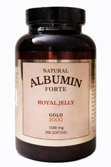 Nature-Bio Albumin Forte Royal Jelly bottle pour illustrates convenient daily vitality support