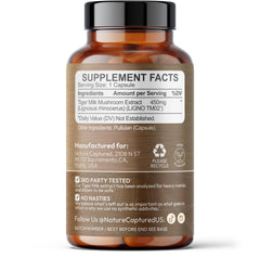 Nature Captured Tiger Milk Mushroom capsules close-up, vegan capsules for clean daily support.