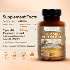Nature Captured Tiger Milk Mushroom Extract pack on counter ready for daily wellness.
