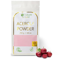 Nature Gold Acerola Powder jar shows pure powder for daily vitamin C support.