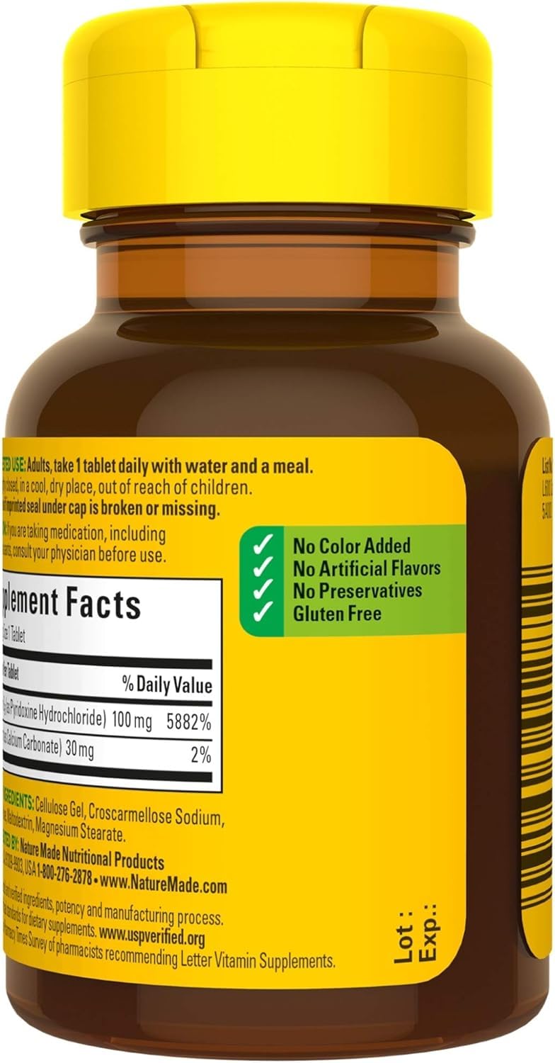 Nature Made Vitamin B-6 100 mg tablets in a four-pack packaging on display.