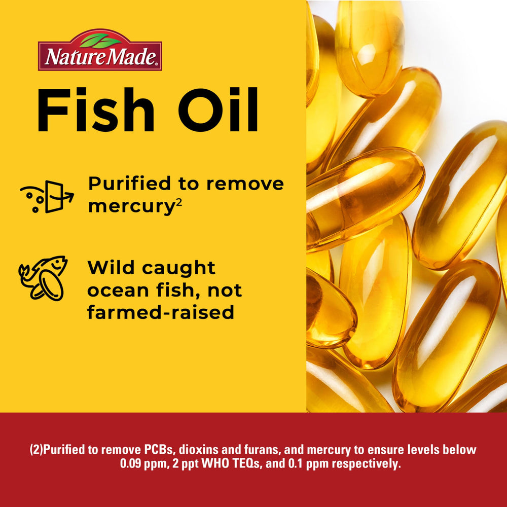 Nature Made Burp Less Omega-3 bottle with glass of water for daily intake.
