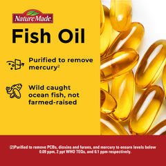 Nature Made Burp Less Omega-3 bottle with glass of water for daily intake.