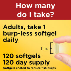 Detailed label of Nature Made Burp Less Omega-3 showing purity notes.