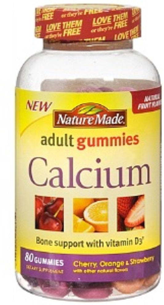Nature Made Calcium Adult Gummies front pack shows cherry, orange, and strawberry flavors for bone support