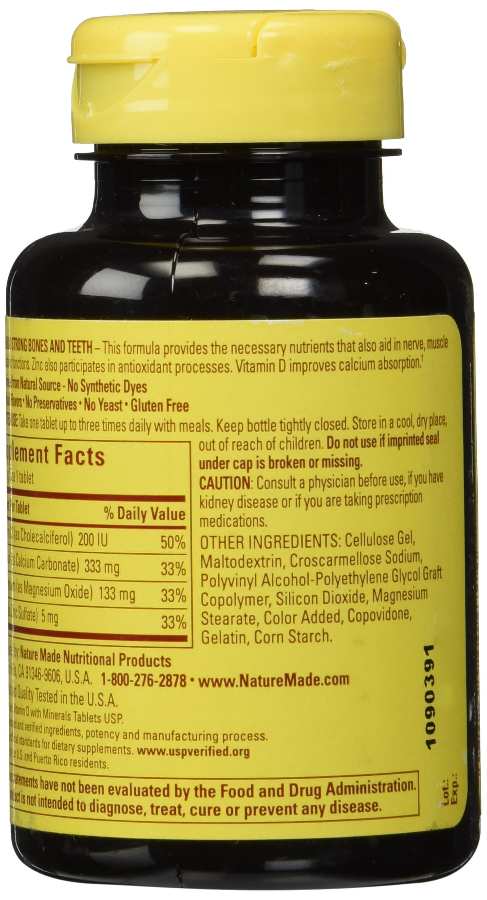 Nature Made calcium magnesium zinc tabs label emphasizing minerals for bone and teeth health