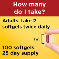 Two softgels with water illustrating twice-daily dosing