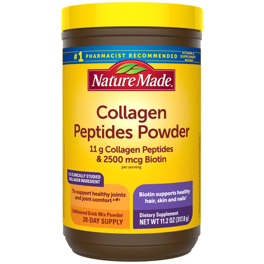 Nature Made Collagen Peptides Powder bottle label emphasizes 28 day supply and keto compatibility.