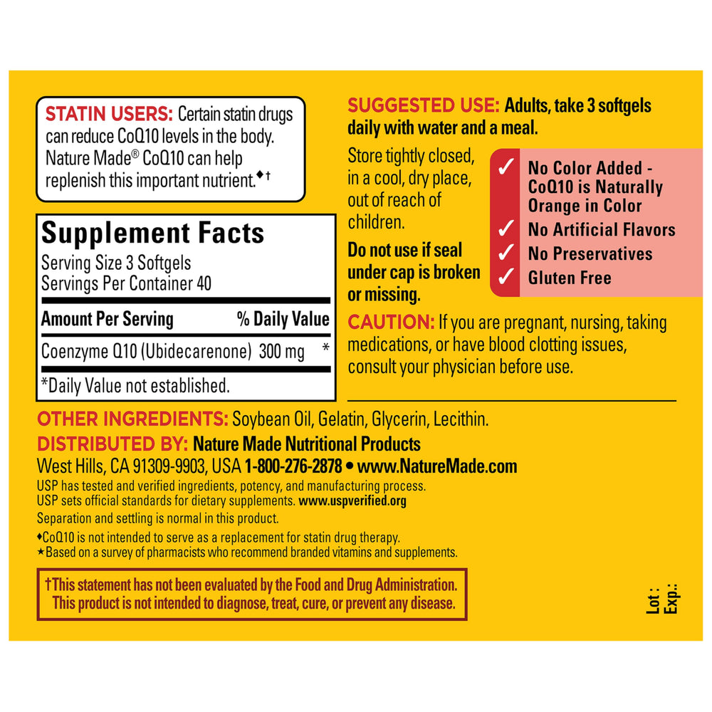Back label directions on Nature Made CoQ10 bottle guide adult use.