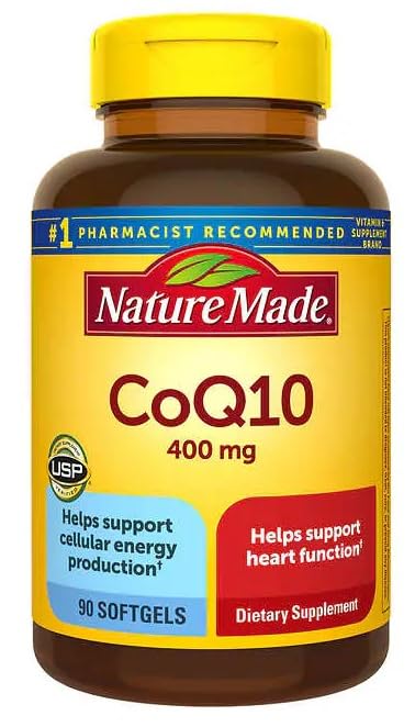 Nature Made CoQ10 400 mg softgel bottle with starch-free formula.