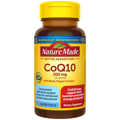 Nature Made CoQ10 bottle closeup illustrating heart health support.