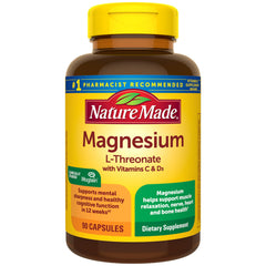 Nature Made Magnesium L-Threonate bottle capsules close-up demonstrating daily wellness use.