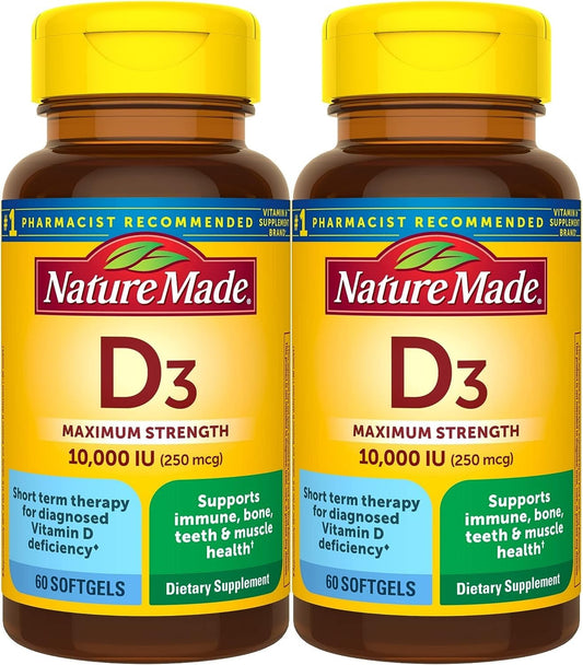 Nature Made Maximum Strength Vitamin D3 bottle with 60 softgels supports bone and immune health.