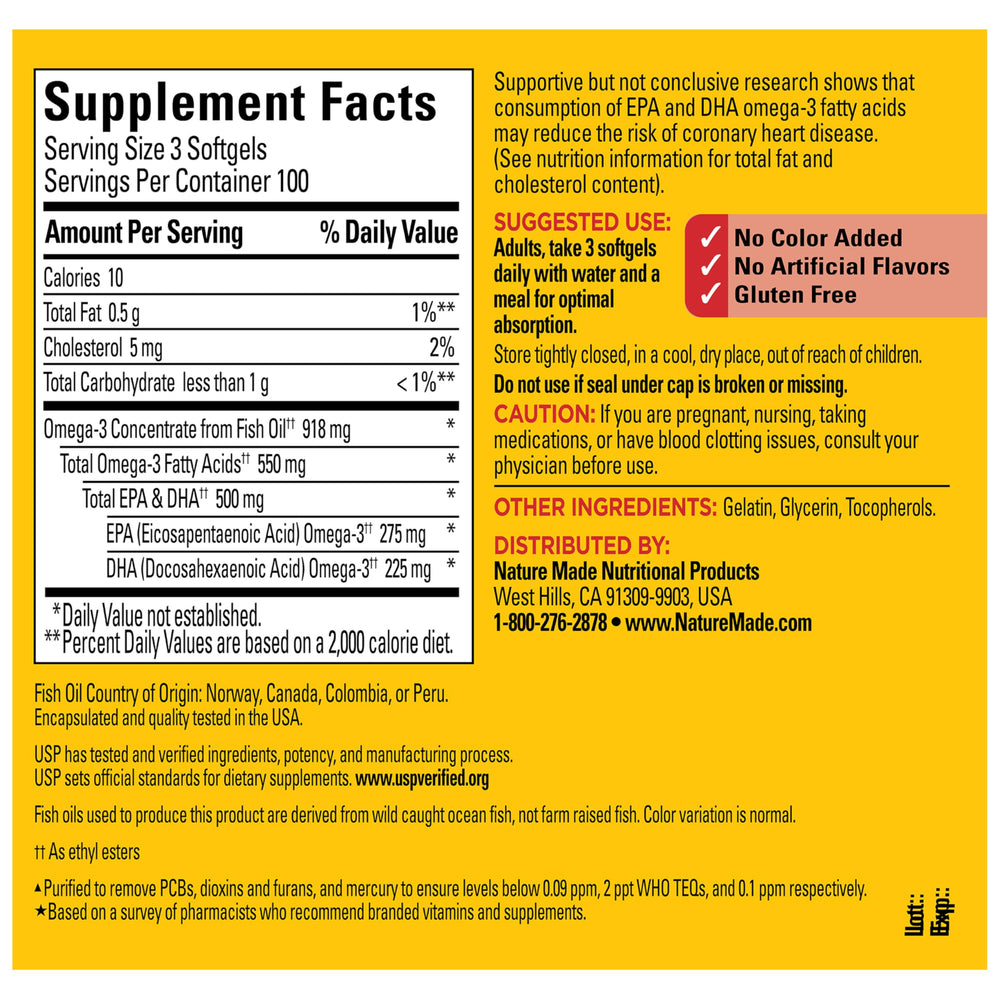 Nature Made Omega-3 three-softgel serving illustrates daily serving size.