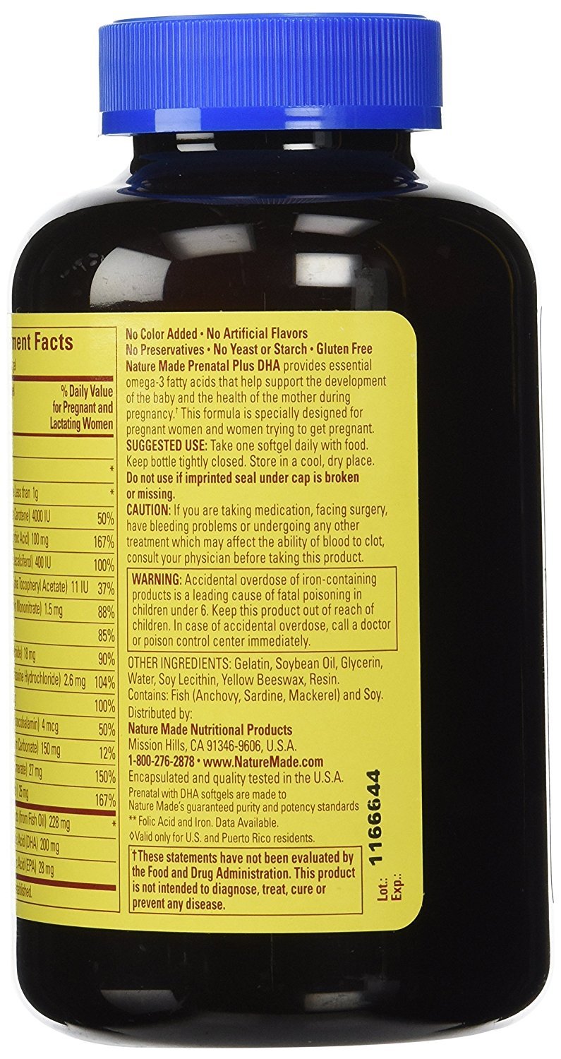 Close-up of Nature Made Prenatal Multi + DHA DHA softgels for easy daily dosing.