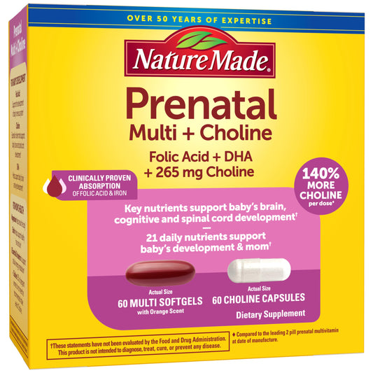 Nature Made Prenatal softgel bottle front, convenient daily support for mom and baby.