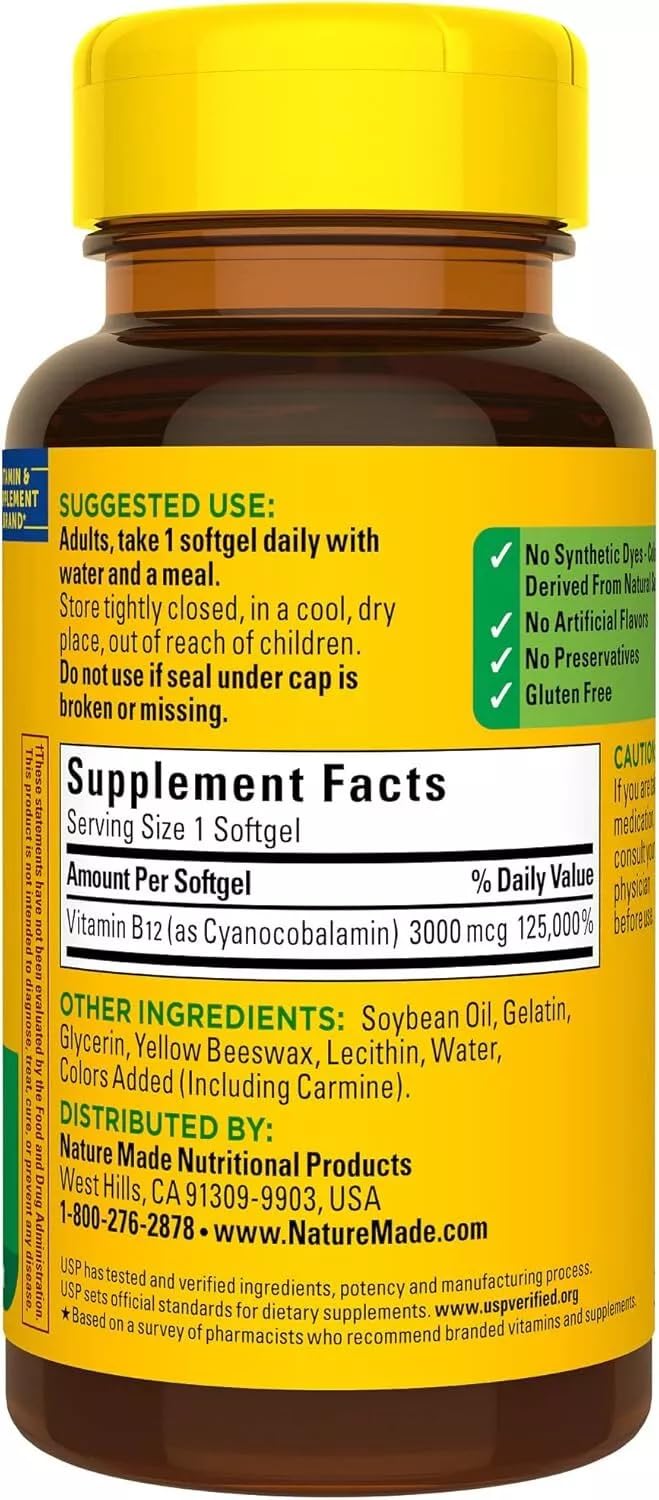 Nature Made Vitamin B-12 Softgels inside pack—convenient daily one-softgel dose.