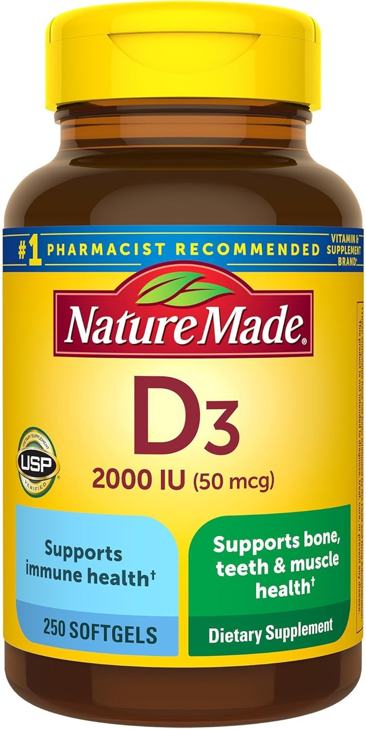 Nature Made Vitamin D3 2000 IU bottle front, convenient daily supplement.