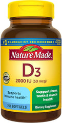 Nature Made Vitamin D3 2000 IU bottle front, convenient daily supplement.