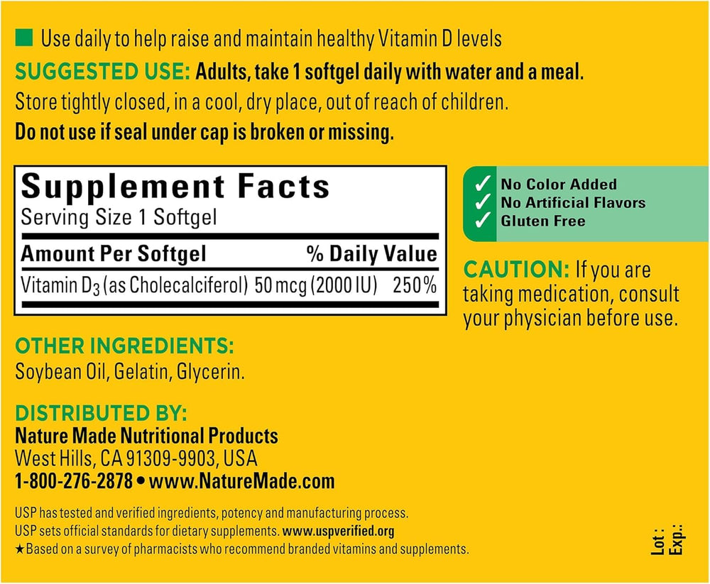Nature Made Vitamin D3 softgels close-up, smooth texture for easy swallow.