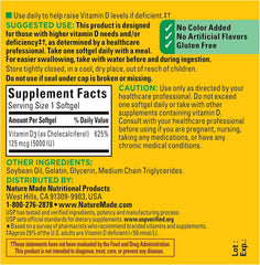 Nature Made Vitamin D3 5000 IU dosage info card showing daily intake guidance.