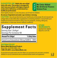 Back label on Nature Made Vitamin D3 detailing dosage and daily intake guidance.