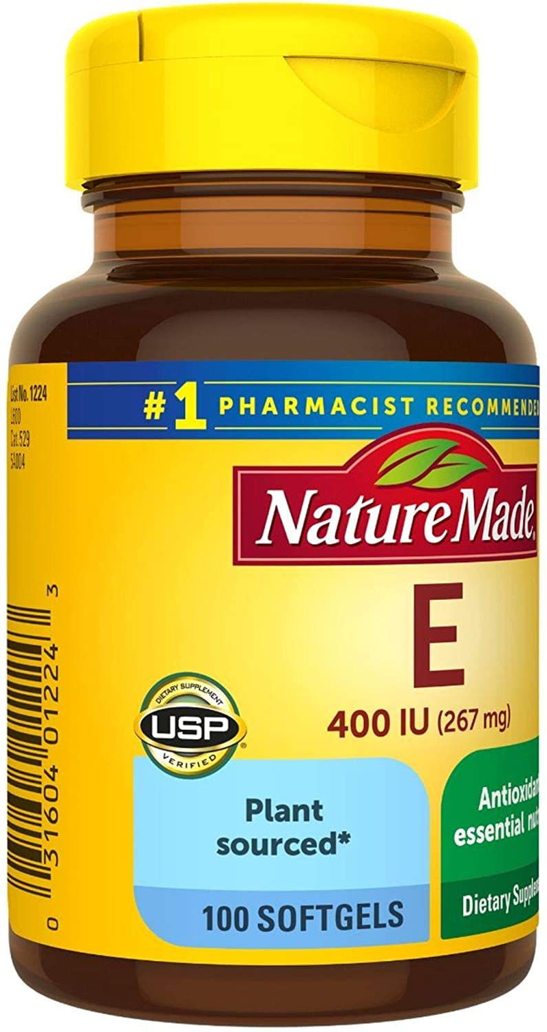 Nature Made Vitamin E 400 IU label close-up showing no artificial colors.