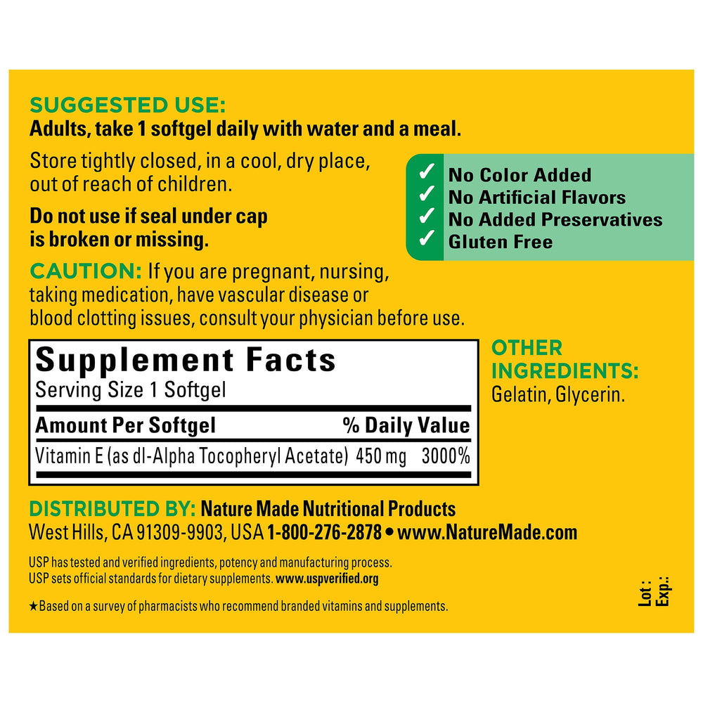 Nature Made Vitamin E multi-pack back panel with directions
