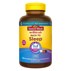 Nature Made Wellblends Back to Sleep tablets close up showing fast dissolve action.
