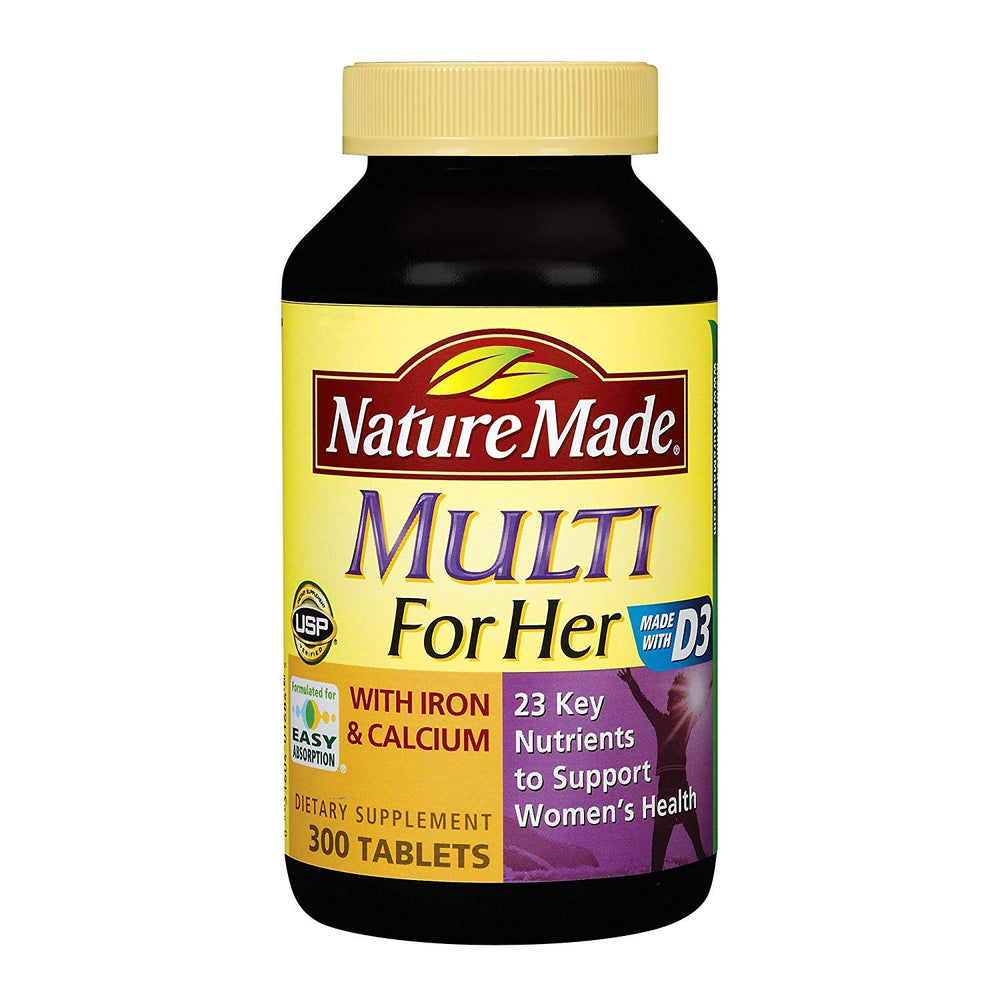 Nature Made Women's Multivitamin bottle front showing 300-tablet supply for daily health.