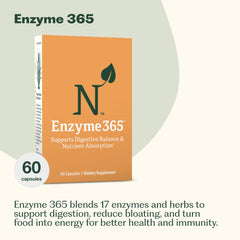 Nature M.D. Enzyme 365 capsules on a clean surface for quick post-meal support.