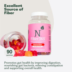 Nature M.D. Fiber 365 gummies label shows no sugar added for clean snacking