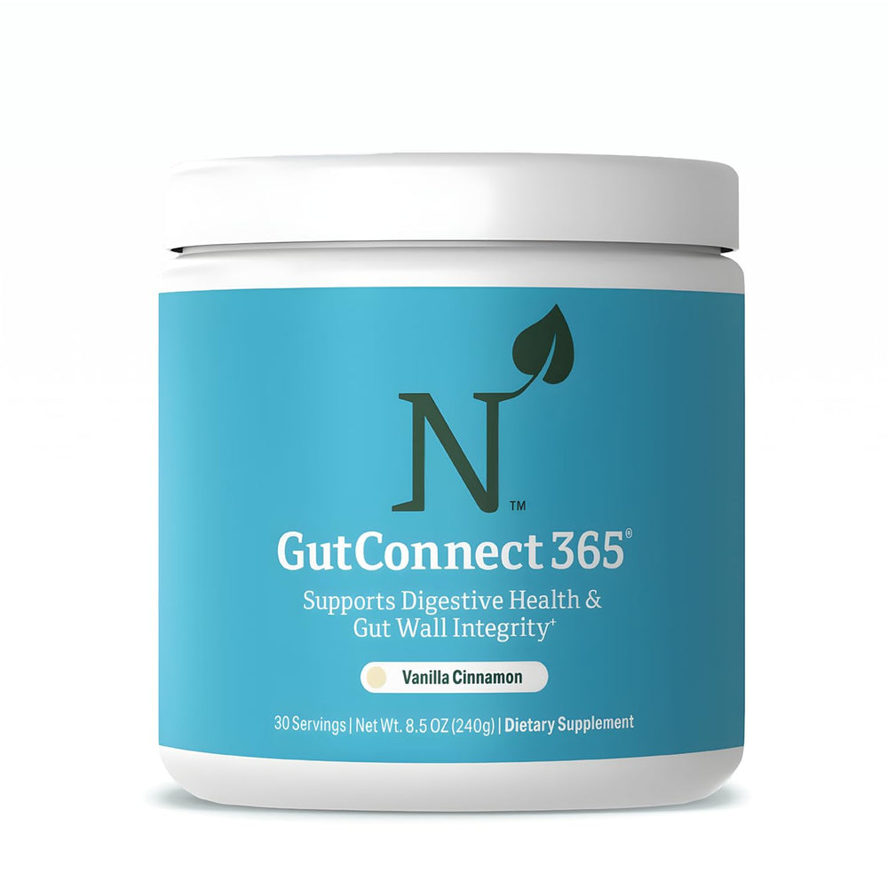 Nature M.D. GutConnect 365 bottle pouring into a glass for gut balance support