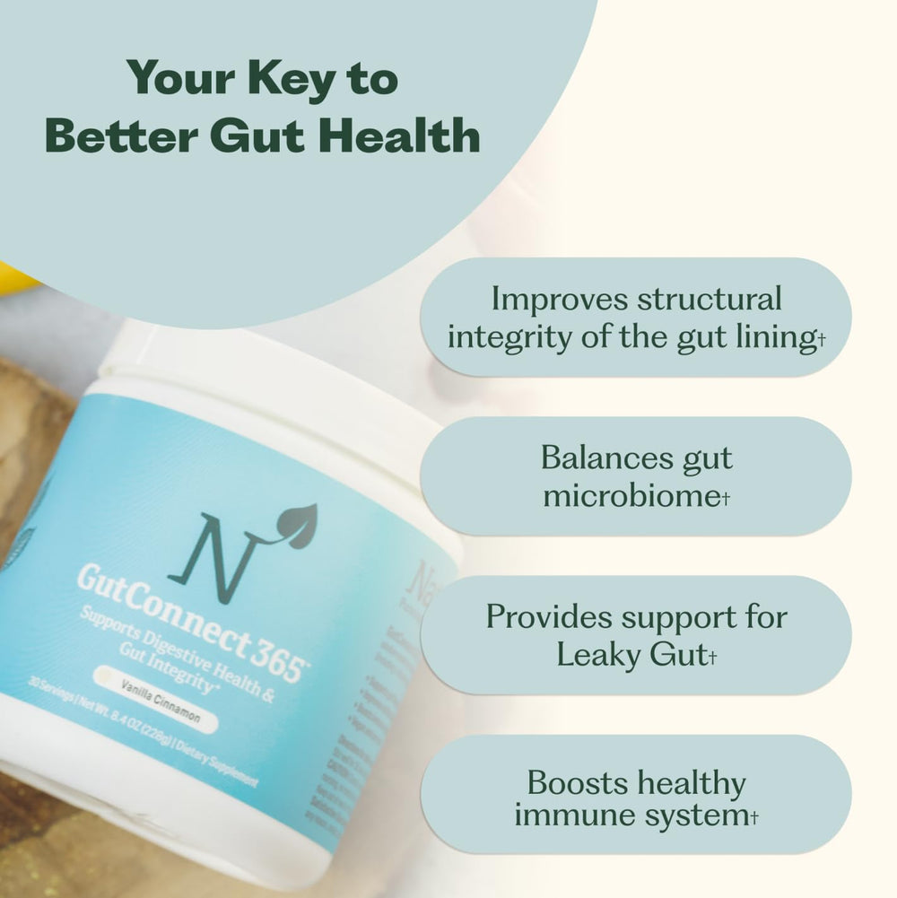 Nature M.D. GutConnect 365 scoop beside glass ready for daily use