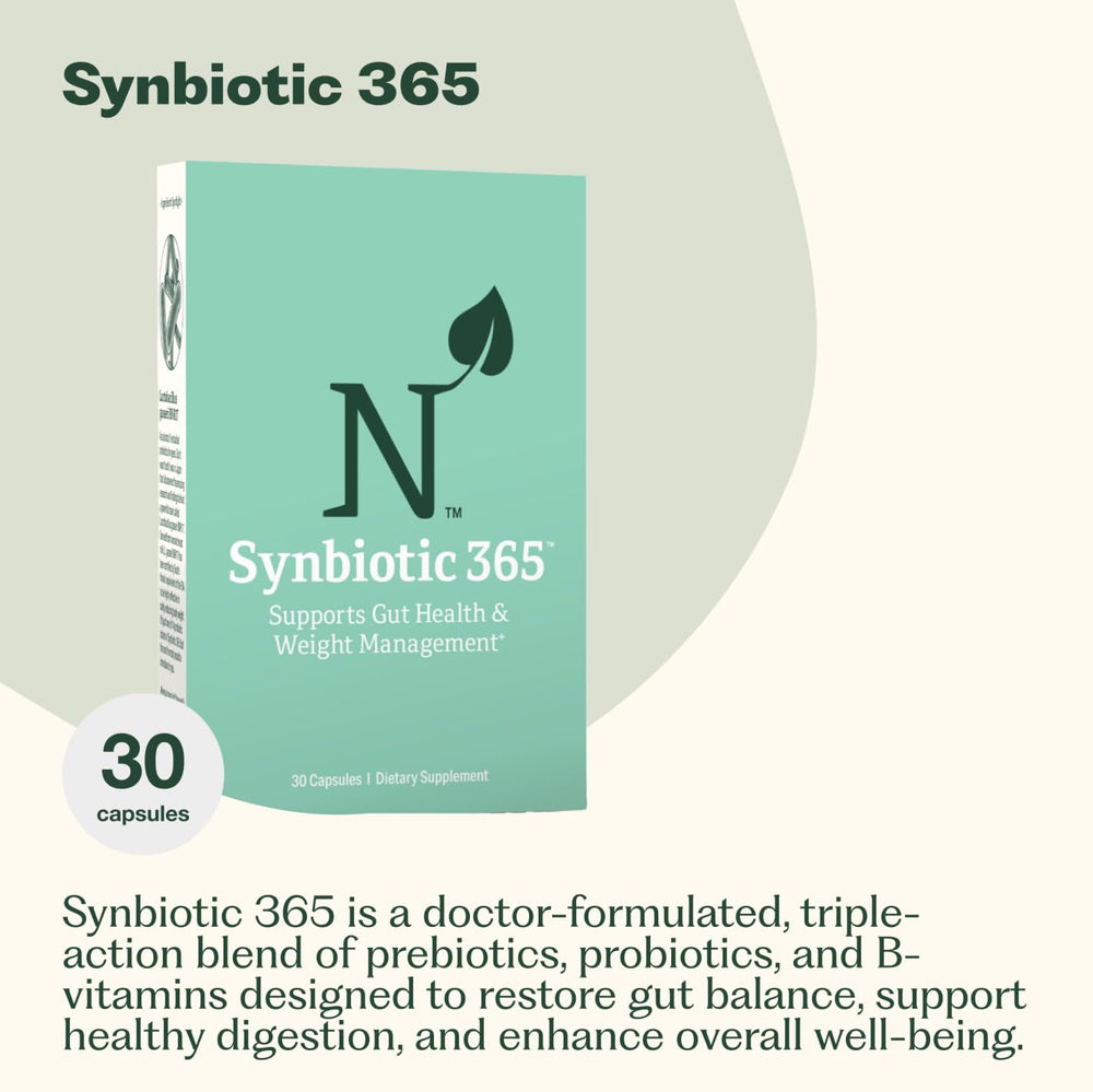 Nature M.D. Synbiotic 365 bottle nutrition panel showing probiotic strains.