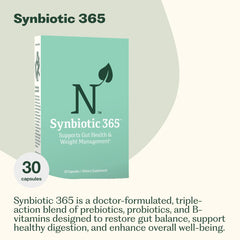 Nature M.D. Synbiotic 365 bottle nutrition panel showing probiotic strains.