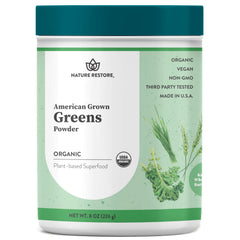 Nature Restore Greens Superfood Powder tub with American-grown ingredients