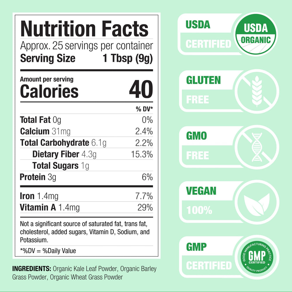 Nature Restore Organic Kale-Wheatgrass-Barley Grass blend tub close-up