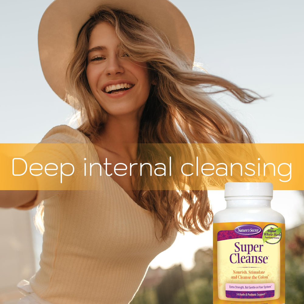 Nature's Secret Super Cleanse jar highlights herbal blend and probiotic support
