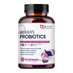 Nature Target Probiotics for Women bottle shows high-potency capsules for daily gut balance.