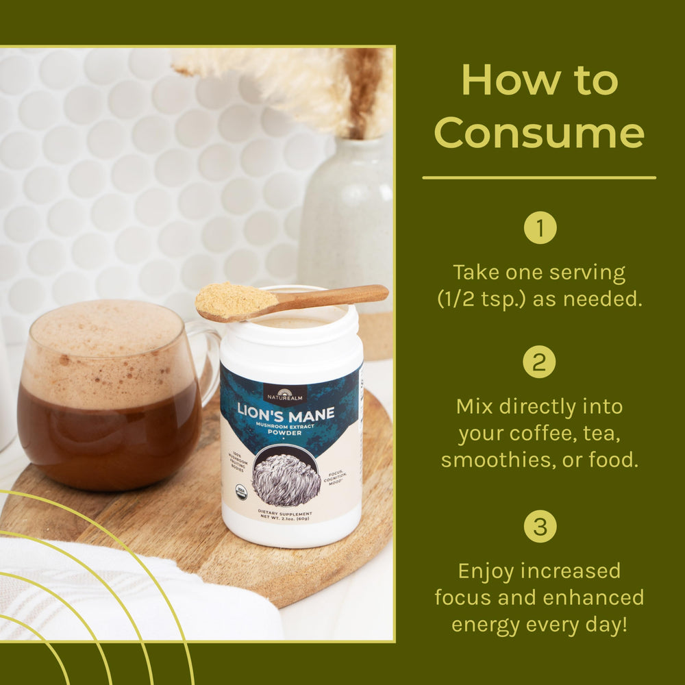 Naturealm organic certification badge and non-GMO mushroom extract highlight purity.