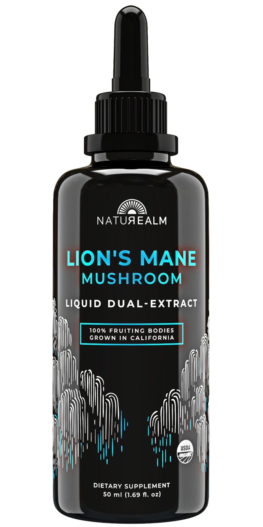 Naturealm Lions Mane liquid tincture bottle front shows vegan, organic support for focus and memory.