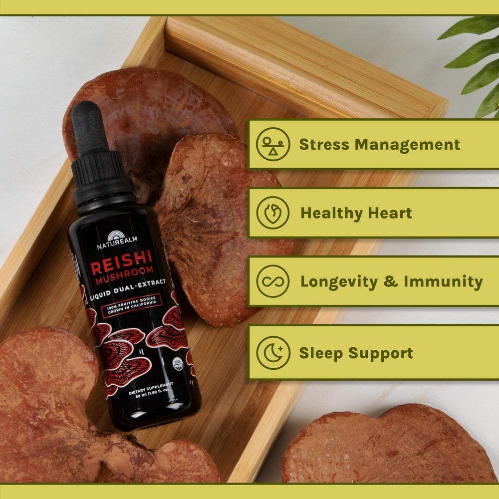 Naturealm Reishi liquid tincture drops for mixing in drinks or under the tongue